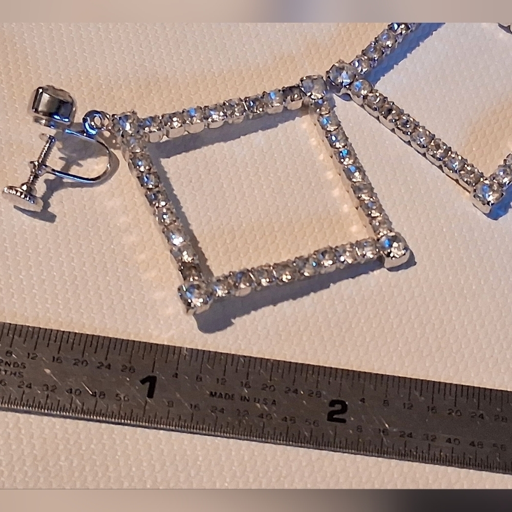 * Vintage Rhinestones Square Shaped Dangle Drop Screwback Earrings - Picture 2 of 4